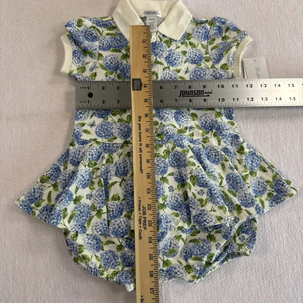 Ralph Lauren Romper Girls 24 Months Blue Floral Collared Ruffle One-Piece NWT